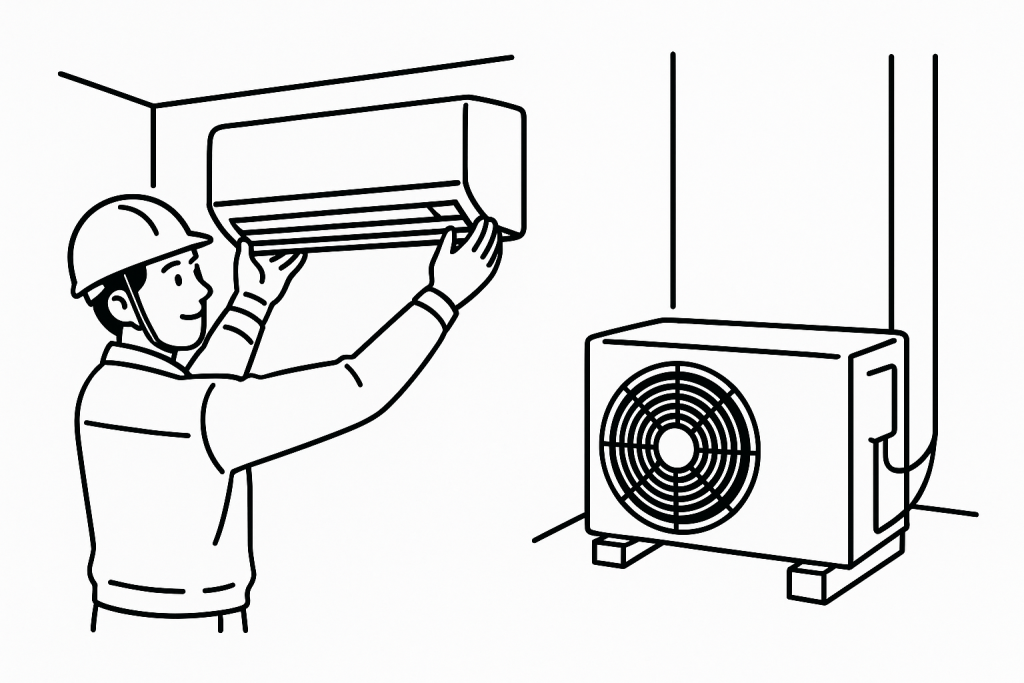 エアコン設置工事の様子と室外機の配置イメージ