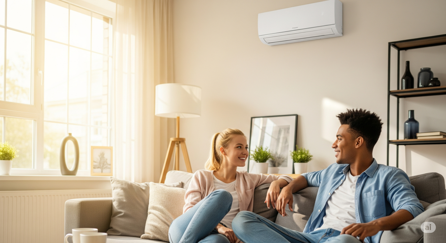 明るいリビングのソファでくつろぎながら笑顔で会話をする若いカップル。壁には最新の白いエアコンが設置されており、快適な新生活をイメージさせる。大きな窓からは自然光が差し込んでいる。