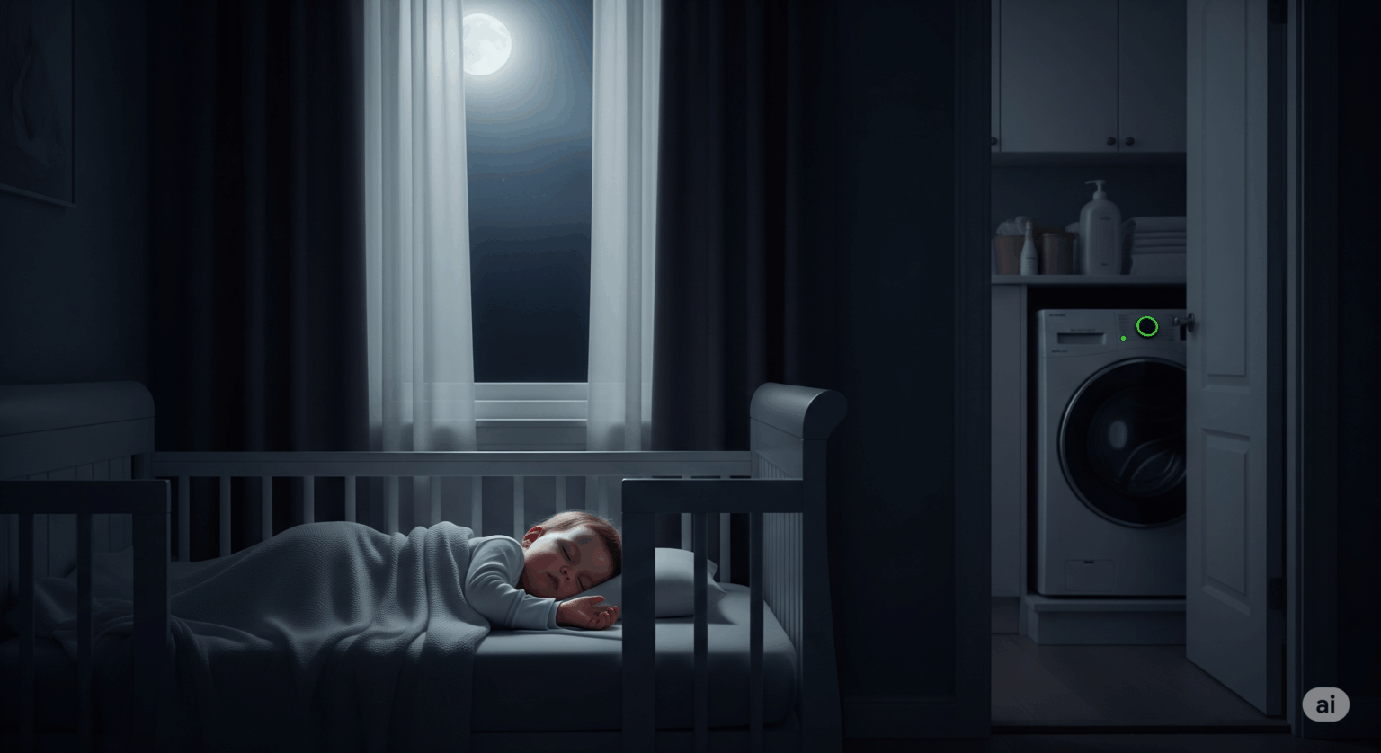 静かな洗濯機をテーマにしたブログ記事のアイキャッチ画像。夜、静かな寝室で赤ちゃんが気持ちよさそうに眠っている。開いたドアの向こう側では、モダンな洗濯機が静かに運転しており、運転音が睡眠を妨げない、静音性の高さを象徴している。