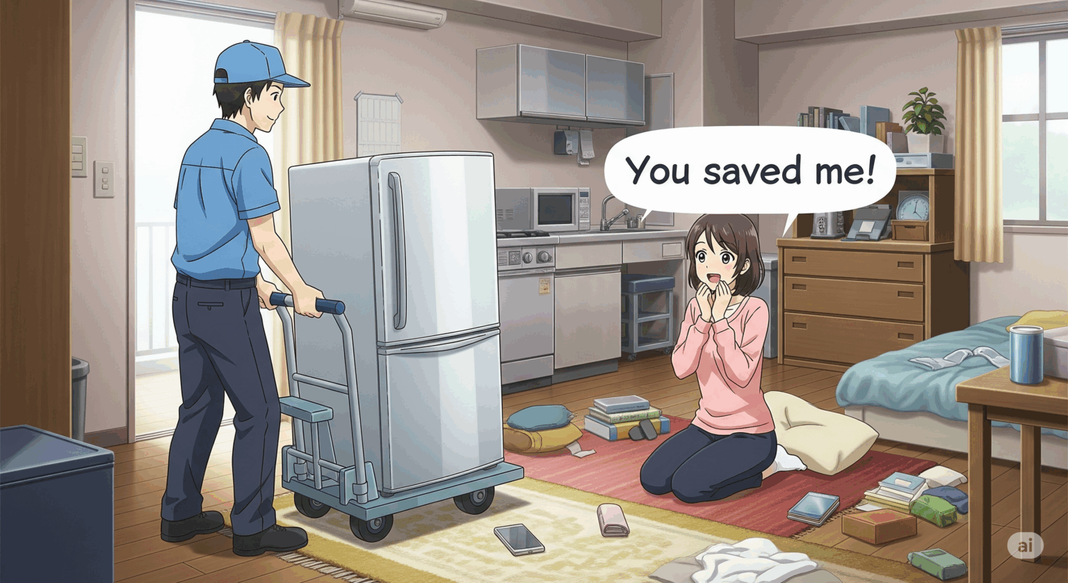 家電を単品・短期レンタルする記事のアイキャッチ画像。アニメ調のイラストで、急な故障などで困っていた女性が、単品でレンタルした冷蔵庫の配達に安堵している様子が描かれている。「緊急時の問題解決」という、サービスの利便性を表現。