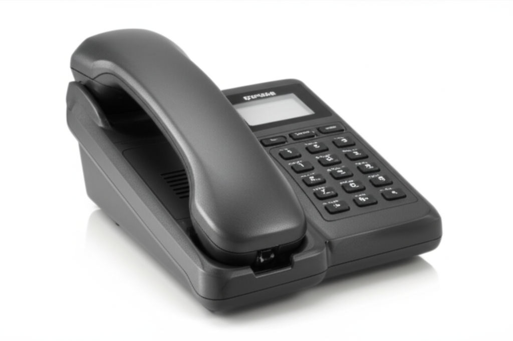 明るい部屋のテーブルの上に置かれた、白くてシンプルなコードレス電話機。横には電卓とペンが置かれ、家計にも優しい高コスパな家庭用電話機選びをイメージさせる写真。