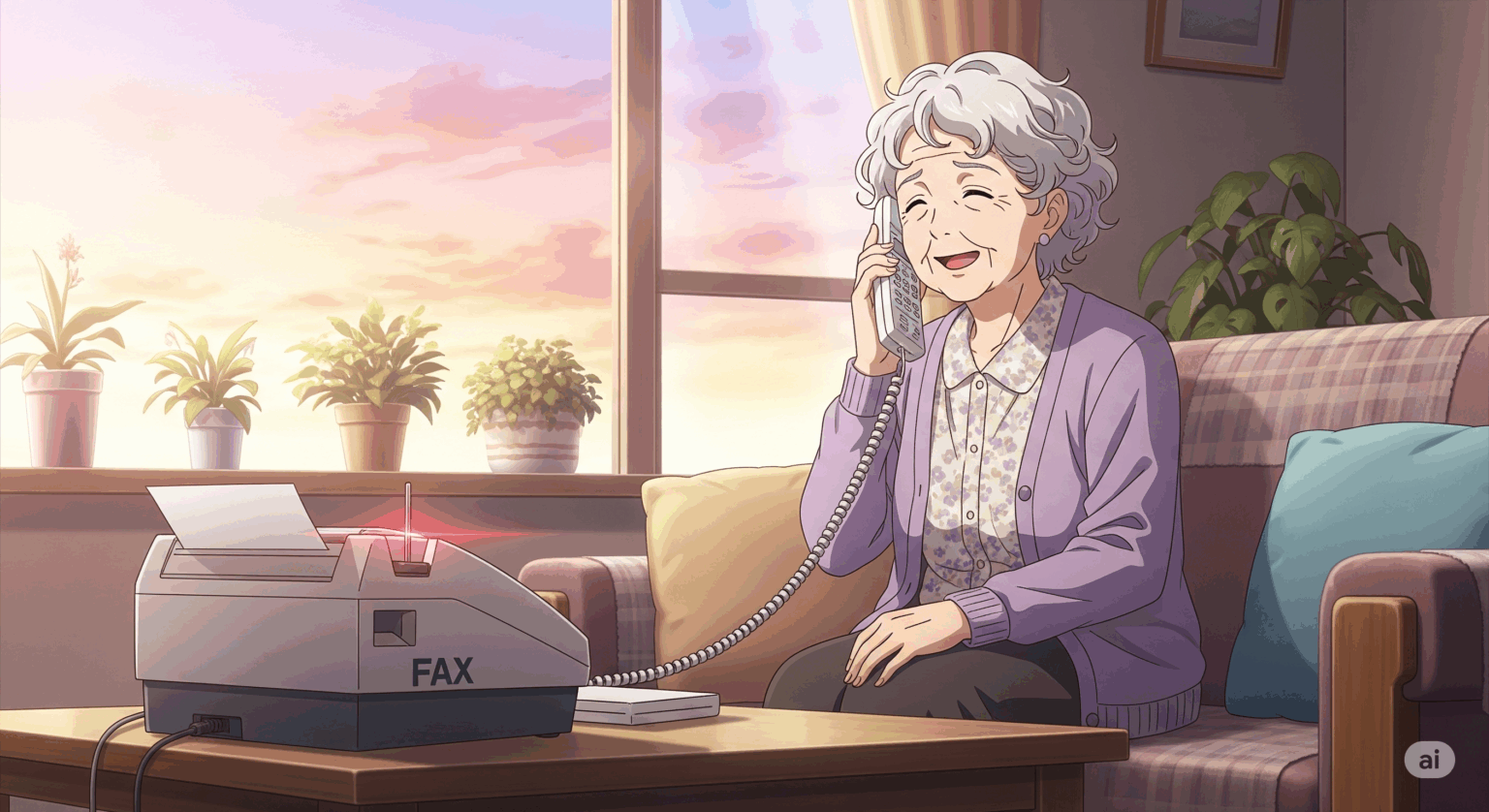 高齢の親を詐欺から守るFAXの記事アイキャッチ画像。アジア系の高齢女性が、リビングのソファで安心したように笑顔で電話をしている。テーブルの上のFAX機は警告を示す赤いランプが点滅しており、迷惑電話を未然に防いだ安心のシーンをアニメ調のイラストで表現している。