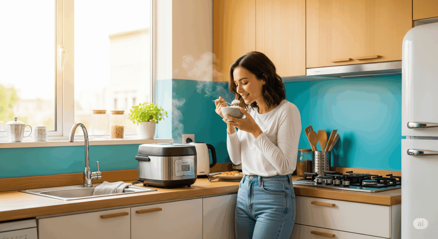 日当たりの良いおしゃれなキッチンで、一人暮らしを始めた若い女性が、炊き立てのご飯をお茶碗で美味しそうに食べている横長の画像。お気に入りの炊飯器と始める新生活の楽しさが伝わってくる。