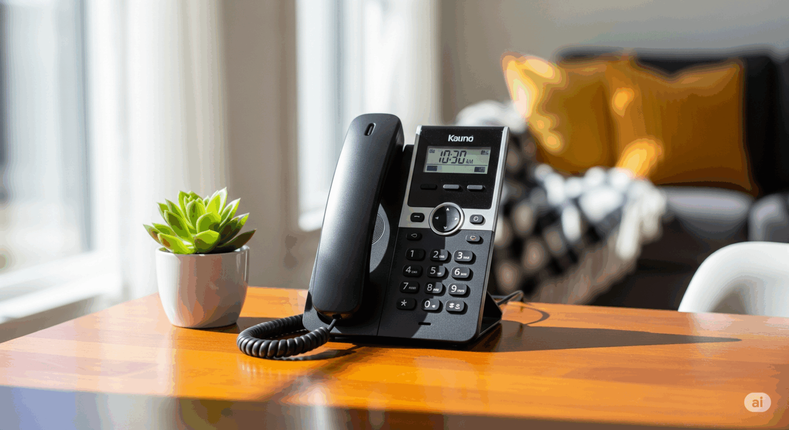 明るいリビングの木製テーブルに置かれた黒い家庭用電話機。横には小さな観葉植物が置かれ、背景のソファには柔らかな日差しが当たっている、安心で快適な暮らしをイメージさせる写真。