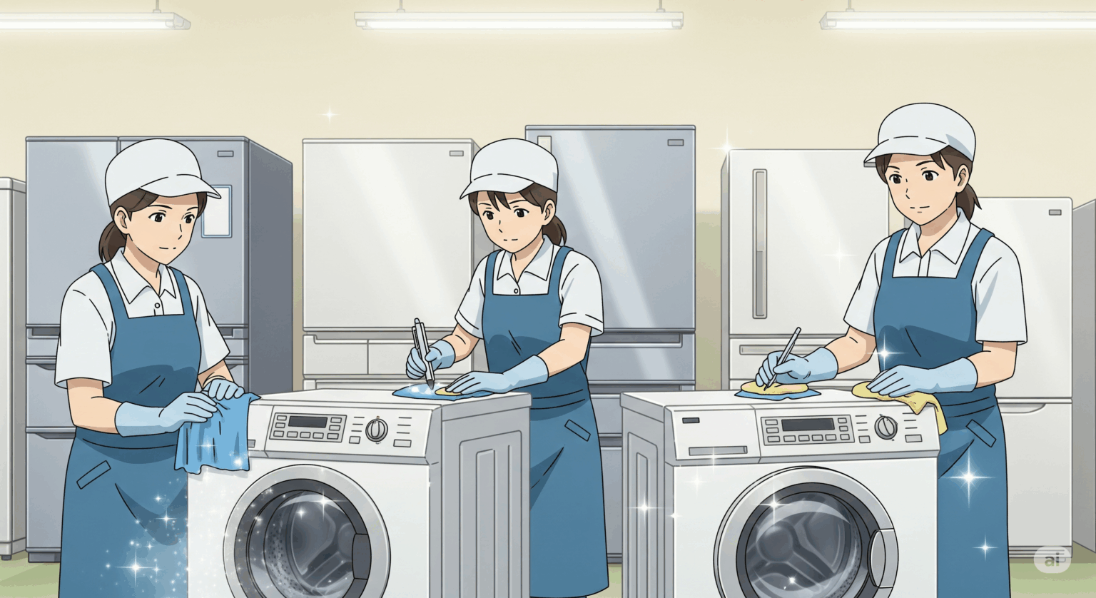 家電レンタルの品質と衛生面を解説する記事のアイキャッチ画像。アニメ調のイラストで、専門のクリーニングスタッフが洗濯機を徹底的に清掃・メンテナンスしている様子が描かれている。「中古」品への不安を払拭する、プロの品質管理を表現。