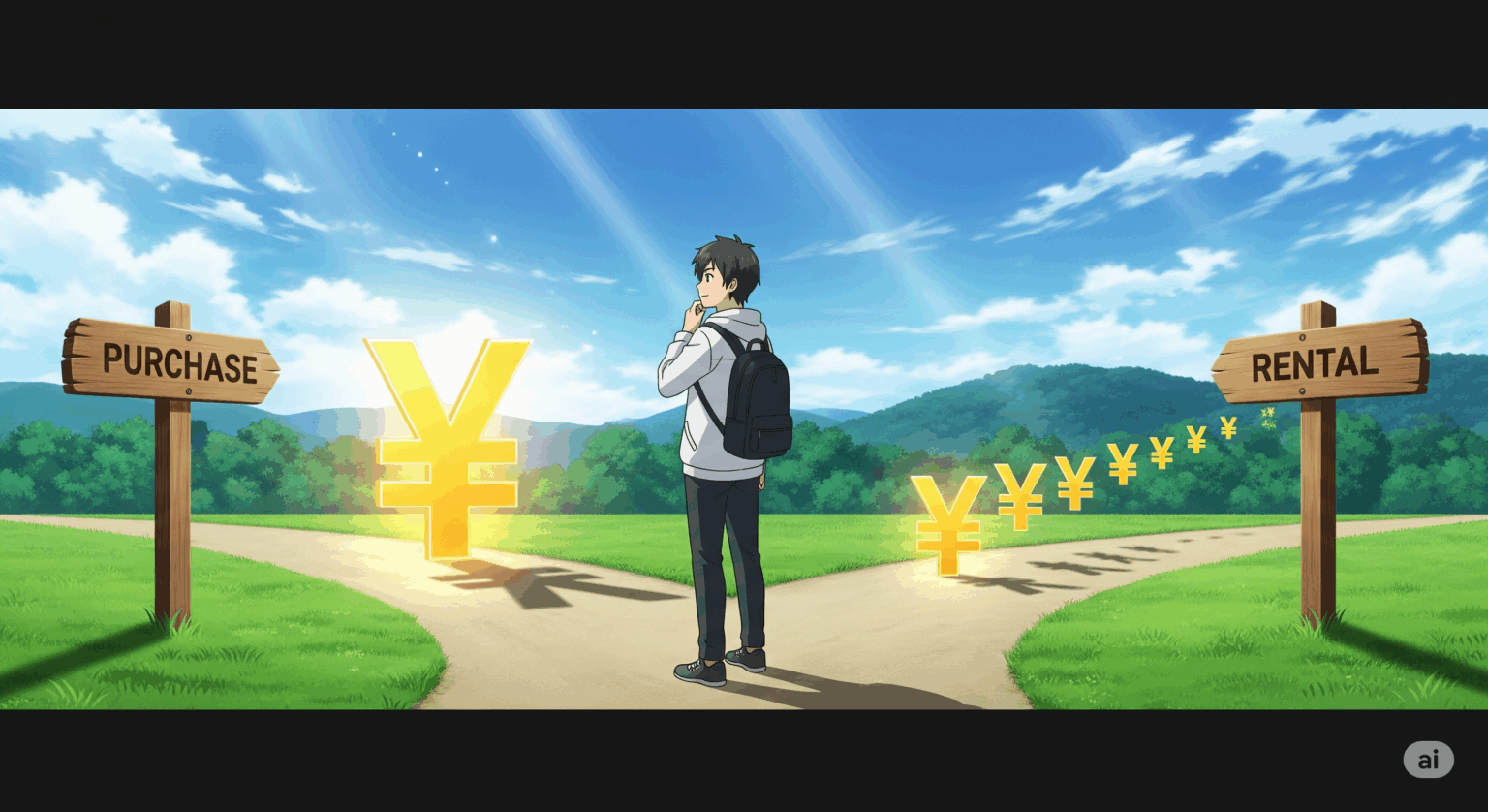 家電の購入とレンタルのコスト比較記事用アイキャッチ画像。アニメ調のイラストで、若者が「Purchase」（購入）と「Rental」（レンタル）のどちらが経済的に合理的か、岐路に立って考えている様子を表現。