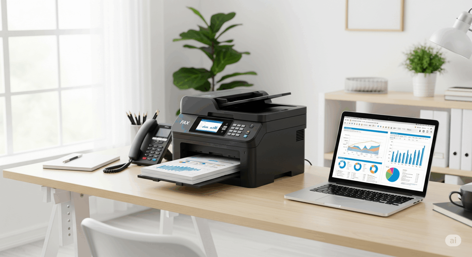 SOHO・個人事業主向けのFAX複合機の記事アイキャッチ画像。モダンで明るいオフィスのデスクに、ビジネス用の黒いFAX複合機とノートパソコンが置かれている。複合機が書類を印刷しており、パソコン画面にはグラフが表示され、業務効率化のイメージを表現している。