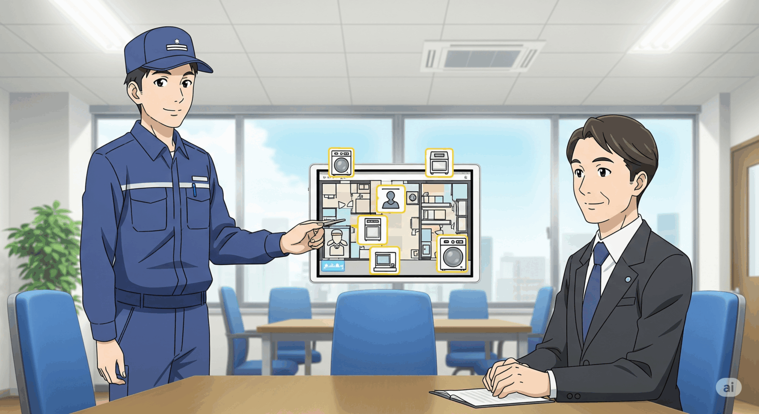 法人向け家電レンタル記事のアイキャッチ画像。アニメ調のイラストで、レンタル会社の専門担当者が企業の総務担当者にタブレットの図面を見せながら、社員寮への導入プランをコンサルティングしている。ビジネス上の課題解決や信頼性を表現。