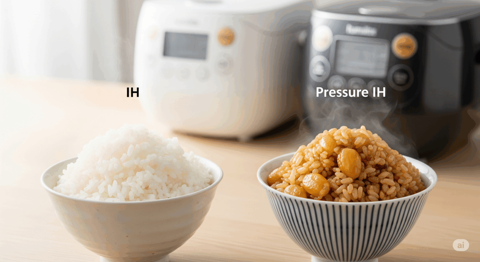 明るいキッチンを背景に、しゃっきりとした粒立ちの良い白いご飯（IH炊飯器のイメージ）と、ツヤツヤでもちもちした炊き込みご飯（圧力IH炊飯器のイメージ）が、それぞれお茶碗に盛られて並べられている横長の比較画像。