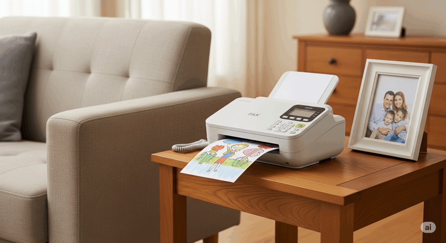 家庭用FAXのおすすめ機種を紹介する記事のアイキャッチ画像。温かみのあるリビングのサイドテーブルに置かれた白いFAXから、子供が描いたカラフルな絵が出力されている。隣には家族写真が飾られており、家庭でのFAXの利用シーンを表現している。