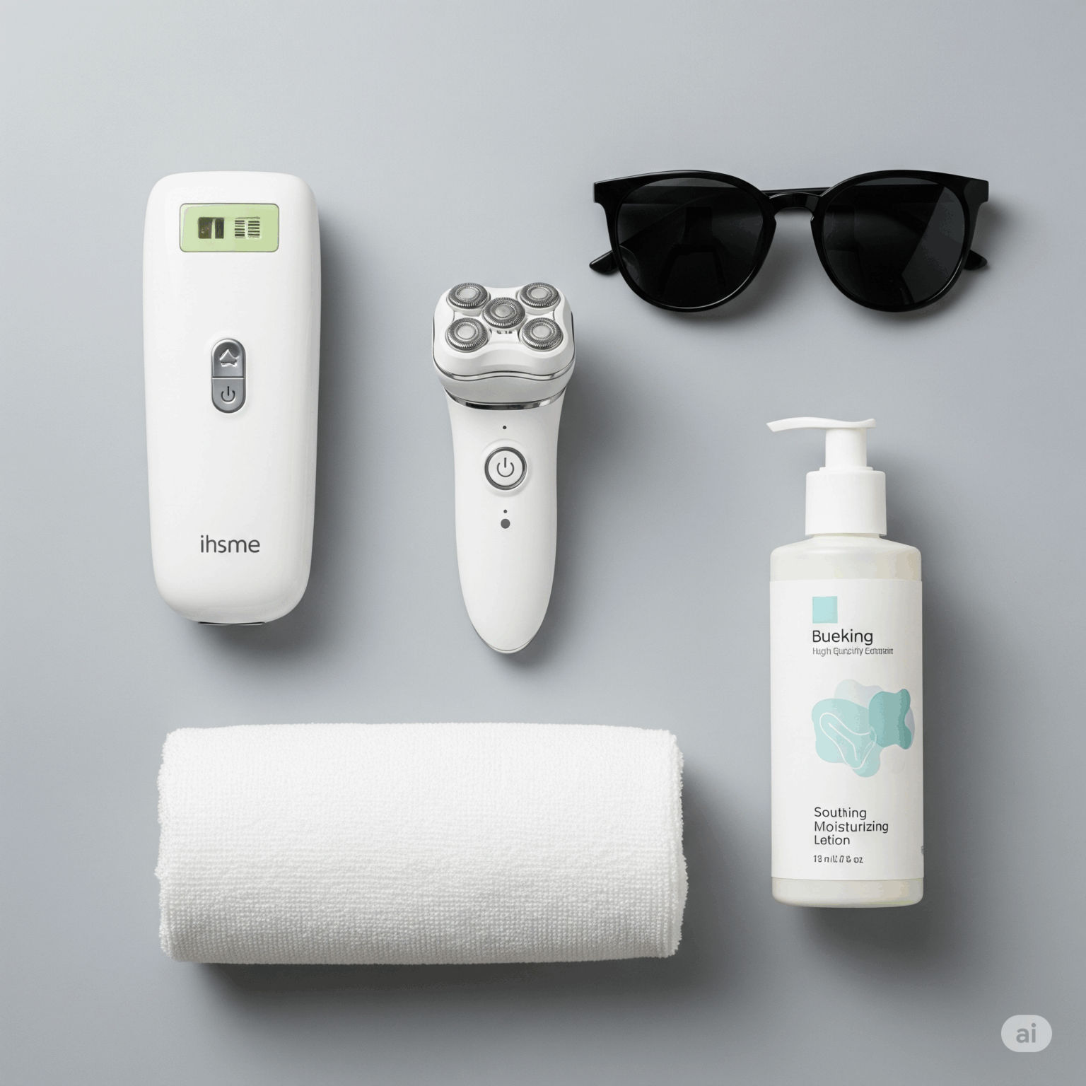 家庭用脱毛器の正しい使い方と完璧なアフターケアを表現したアイキャッチ画像。脱毛器本体、電気シェーバー、保湿ローション、保護用サングラス、清潔なタオルが、グレーの背景にきれいに並べられている。