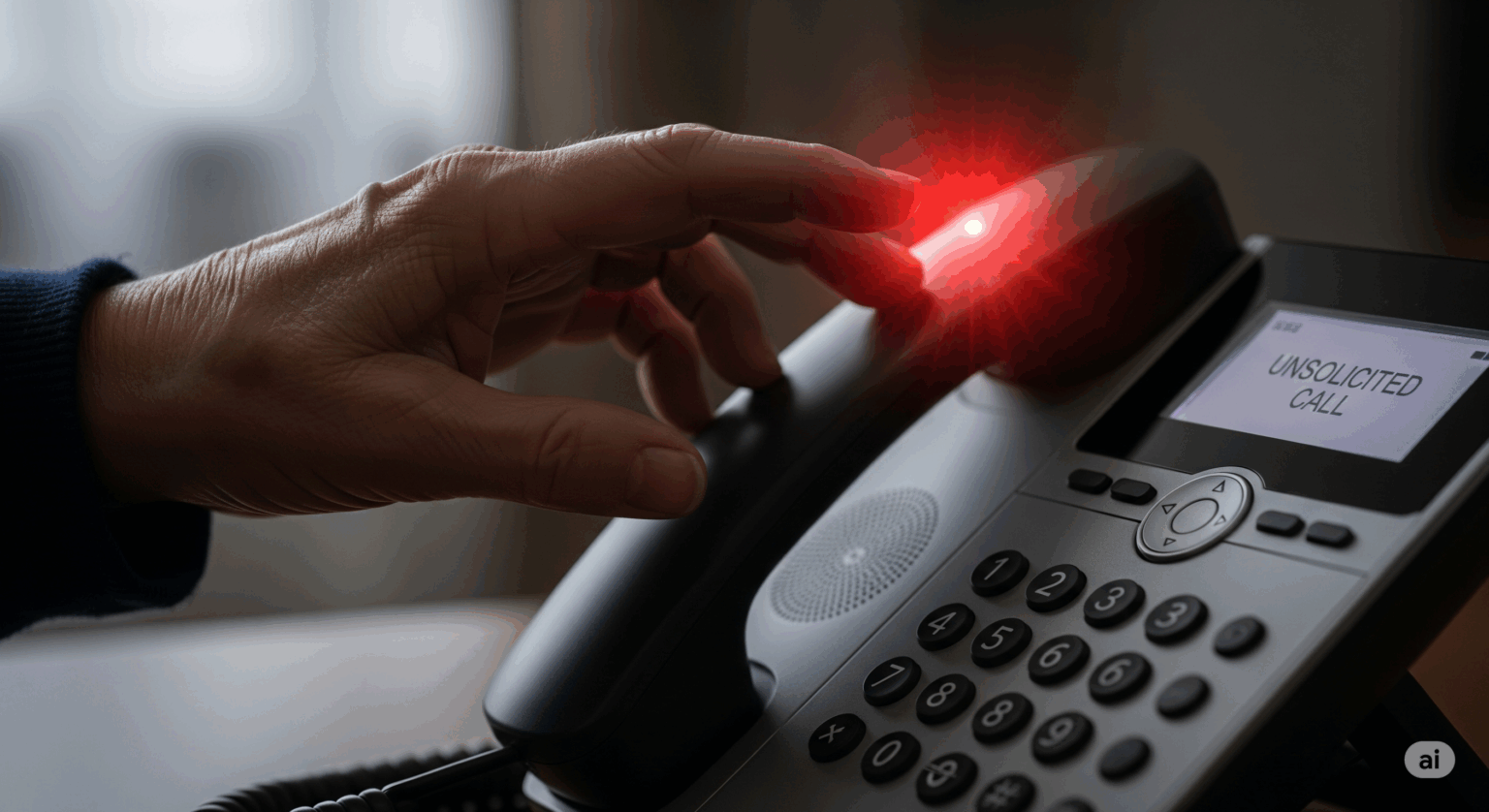 警告ランプが赤く点滅している家庭用電話機に、高齢者の手がためらいがちに伸びている。迷惑電話や詐欺の危険から身を守る、あんしん機能の重要性をイメージさせる写真。