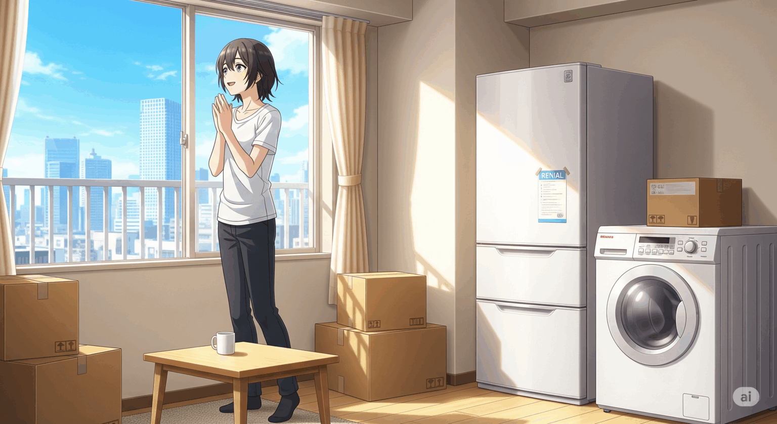 一人暮らし・単身赴任向け家電レンタル記事のアイキャッチ画像。アニメ調のイラストで、東京の新生活を始めた若者が、届いたばかりのレンタル家電（冷蔵庫・洗濯機）が置かれた部屋で、未来への希望を胸に窓の外を眺めている様子。