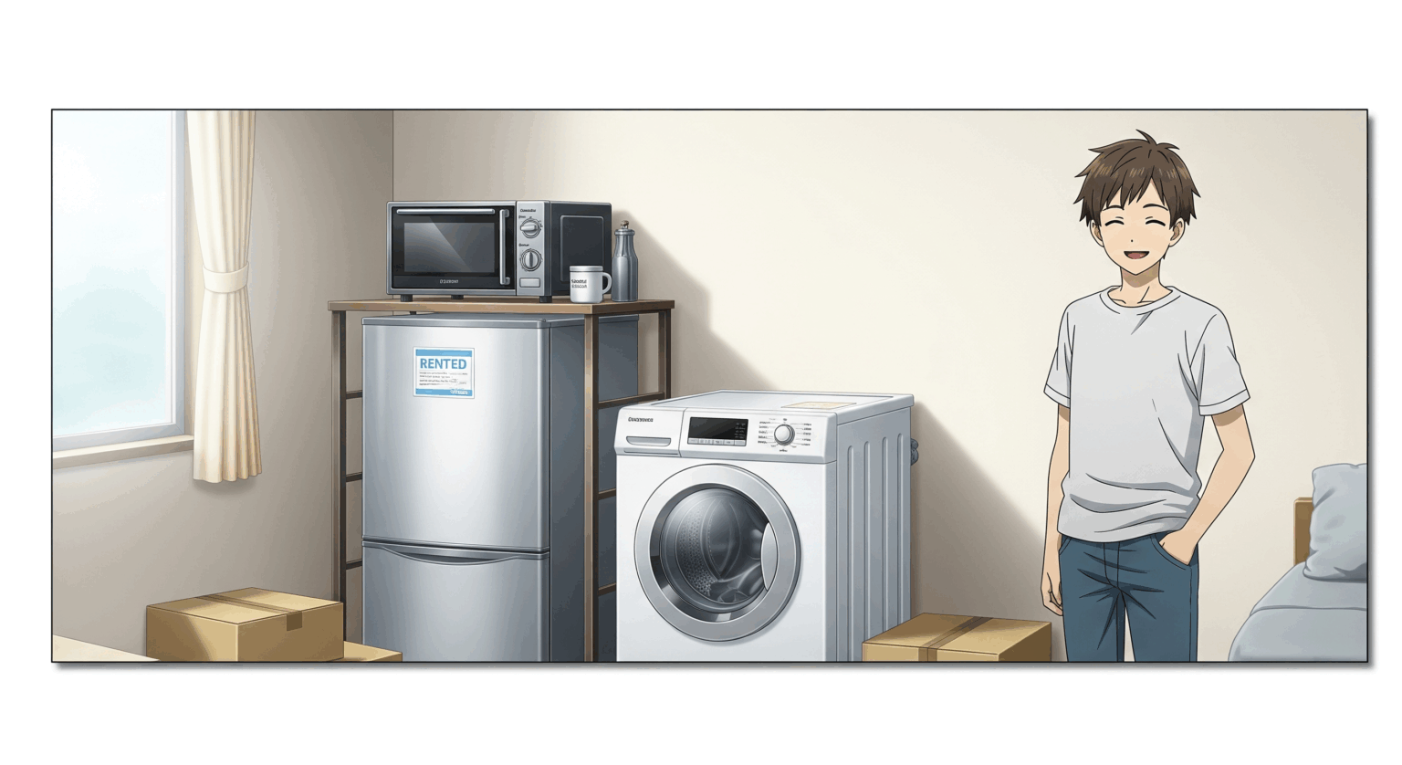 家電レンタルサービスのブログ用アイキャッチ画像。アニメ調のイラストで、引越したばかりの明るい部屋に、レンタルした家電（冷蔵庫、洗濯機、電子レンジ）が置かれている。初期費用を抑えて賢く新生活を始めるイメージ。