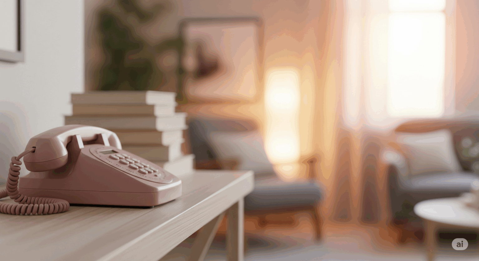 おしゃれなリビングの木製テーブルの上に置かれた、ピンク色のデザイン電話機。背景にはソファや本がぼかして写っており、インテリアに馴染む家庭用電話機選びをイメージさせる写真。