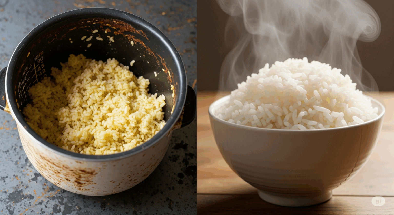炊飯器の買い替えを促す比較画像。左側には内釜が劣化して黄色くなったご飯、右側にはお茶碗にふっくらと盛られたツヤツヤの炊き立てご飯が配置されている。