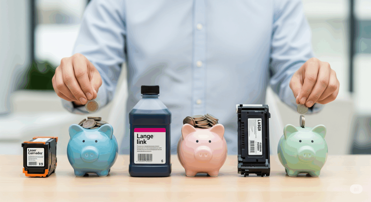 FAXのインク代・コスト比較をテーマにしたコンセプト画像。標準インク・大容量インクボトル・レーザートナーの隣にそれぞれ豚の貯金箱が置かれ、大容量インクとレーザーの貯金箱にだけ多くの硬貨が入っている。これにより、印刷方式によってコスト削減効果が大きく違うことを表現している。