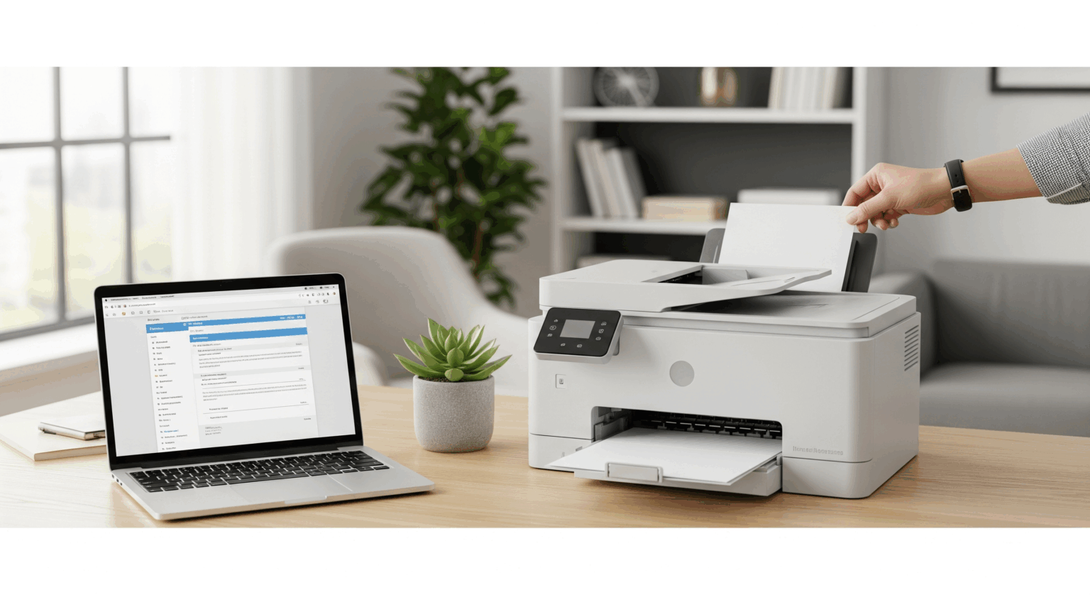 モダンなホームオフィスのデスクで、男性が白いFAX機能付き複合機に書類をセットしている様子。横にはノートパソコンと観葉植物が置かれ、仕事や在宅ワークでのFAX利用をイメージさせる写真。