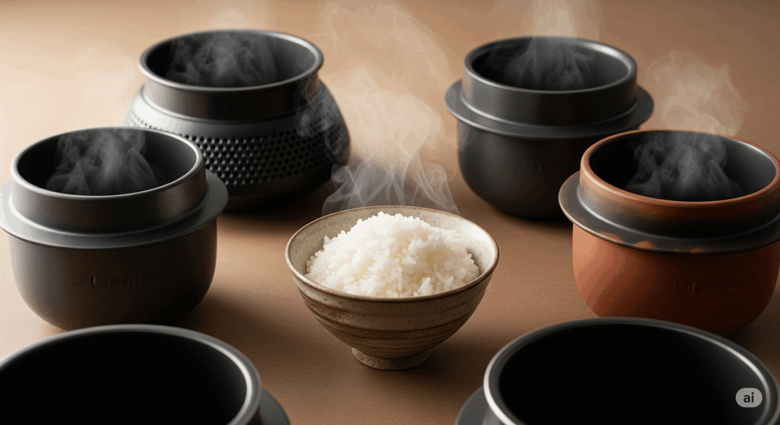 落ち着いた雰囲気の背景に、鉄釜・炭釜・土鍋釜など、様々な素材でできた炊飯器の内釜がスタイリッシュに並べられている横長の画像。中央には、湯気が立つ炊き立ての白いご飯がお茶碗に盛られている。