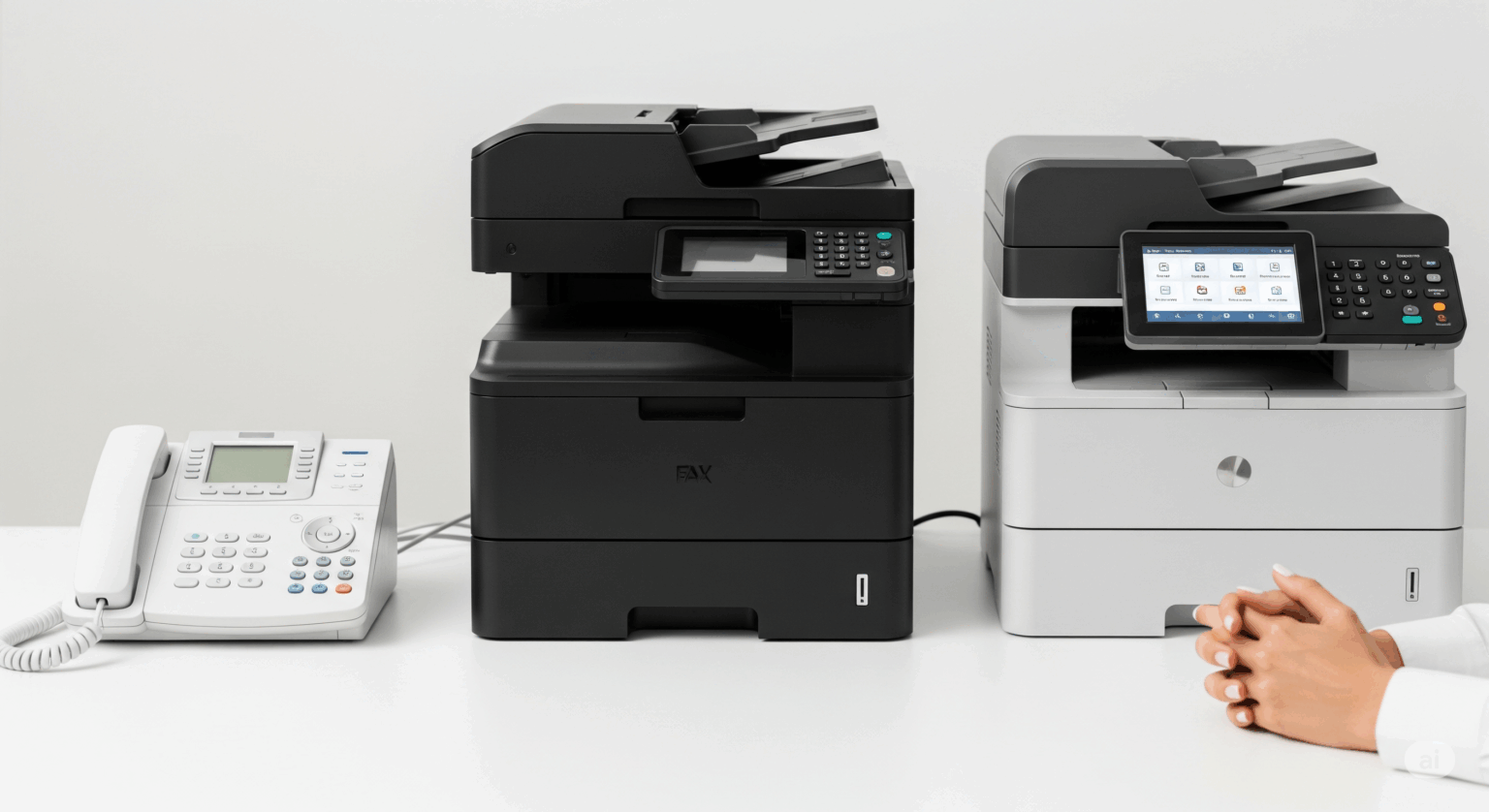 FAXの選び方をテーマにした画像。家庭用の白いFAX電話機、ビジネス用の黒い複合機、タッチパネル付きの最新複合機の3台が比較できるように並べられており、利用者が最適な一台を選んでいるシーン。