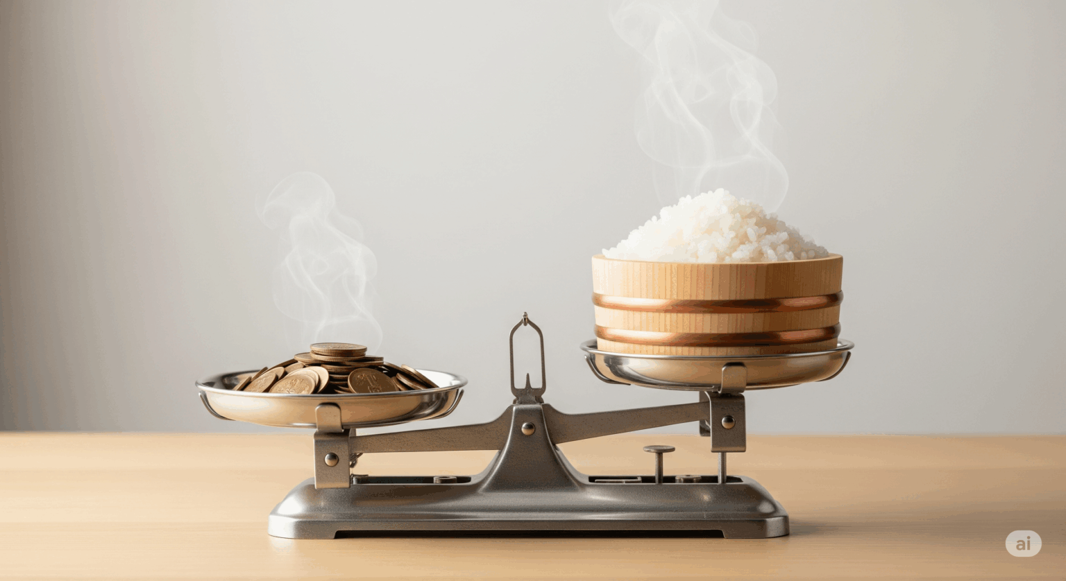 シンプルな空間に置かれた天秤の画像。左側の皿には1万円台をイメージさせるコインの山が、右側の皿には湯気が立つ美味しそうなご飯が盛られており、ご飯の皿が少し重く傾いている。コストパフォーマンスの高さを表現した横長のアイキャッチ。