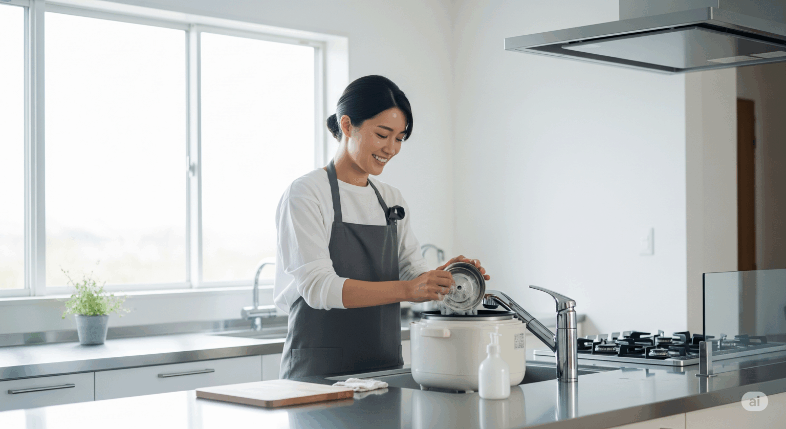 日当たりの良い清潔なキッチンで、若い女性が笑顔で炊飯器の内ぶたを洗っている横長の画像。パーツが少なく、簡単にお手入れできる様子が伝わってくる。