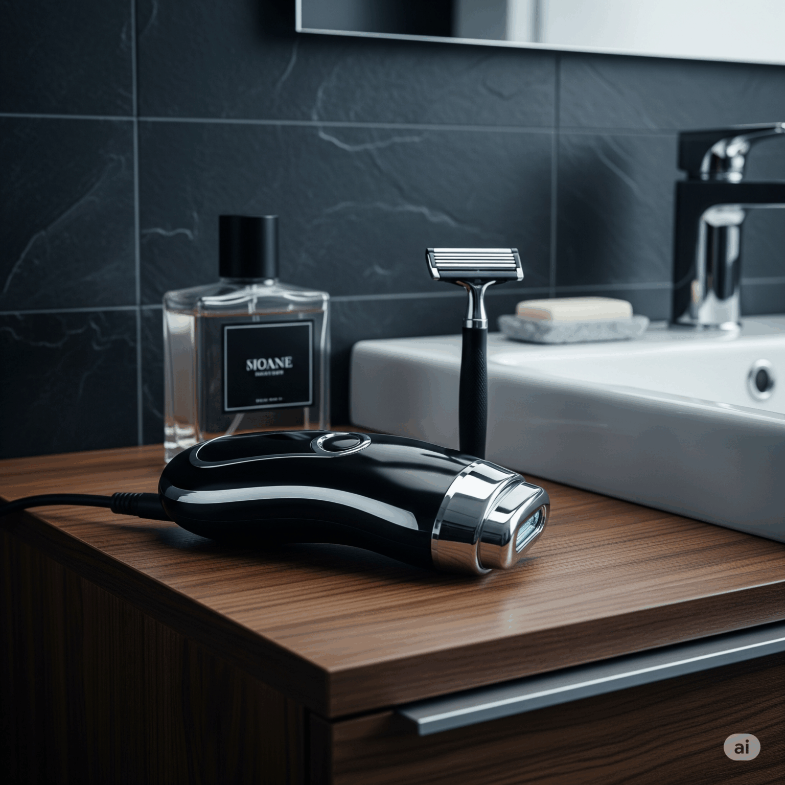 黒を基調としたモダンなバスルームの洗面台に、男性向けの家庭用脱毛器が置かれているアイキャッチ画像。隣にはシェーバーや香水が置かれ、男性のグルーミングアイテムの一つとして表現されている。