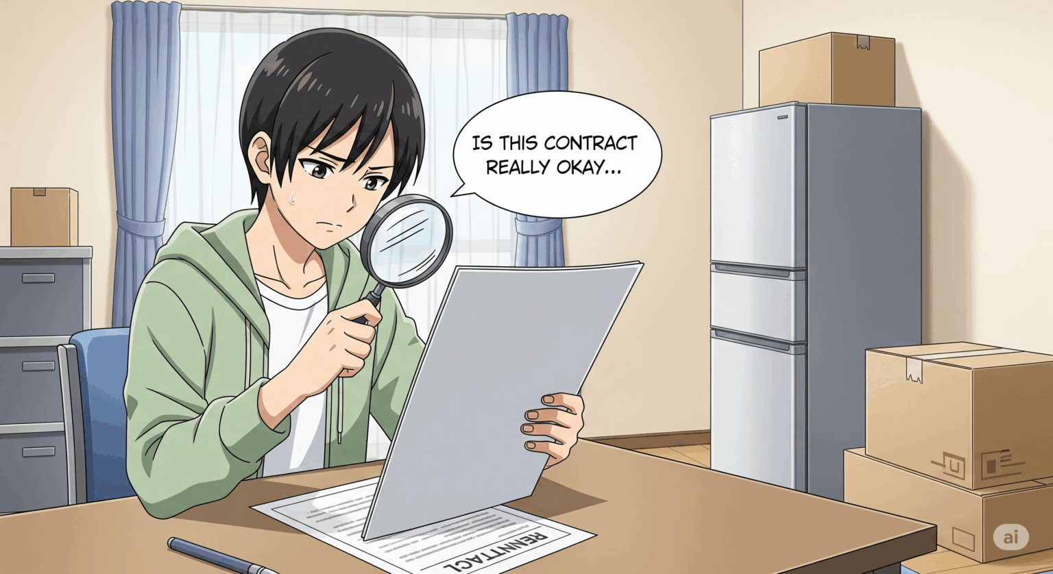 家電レンタルで後悔しないための注意点を解説する記事のアイキャッチ画像。アニメ調のイラストで、利用者が契約前に規約を慎重に確認している様子が描かれている。「失敗」や「デメリット」を避けるための慎重な検討の重要性を表現。