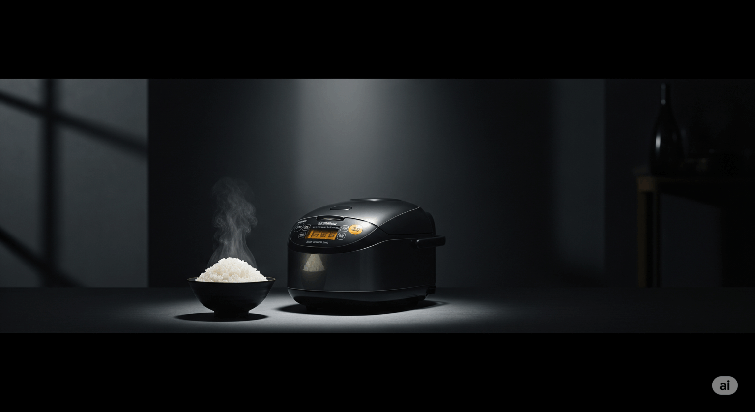 黒を基調とした高級感のある空間に、スポットライトを浴びた最新の高級炊飯器がアート作品のように置かれている横長の画像。手前には、湯気が立ち上る完璧に炊き上げられたツヤツヤのご飯がお茶碗に盛られている。