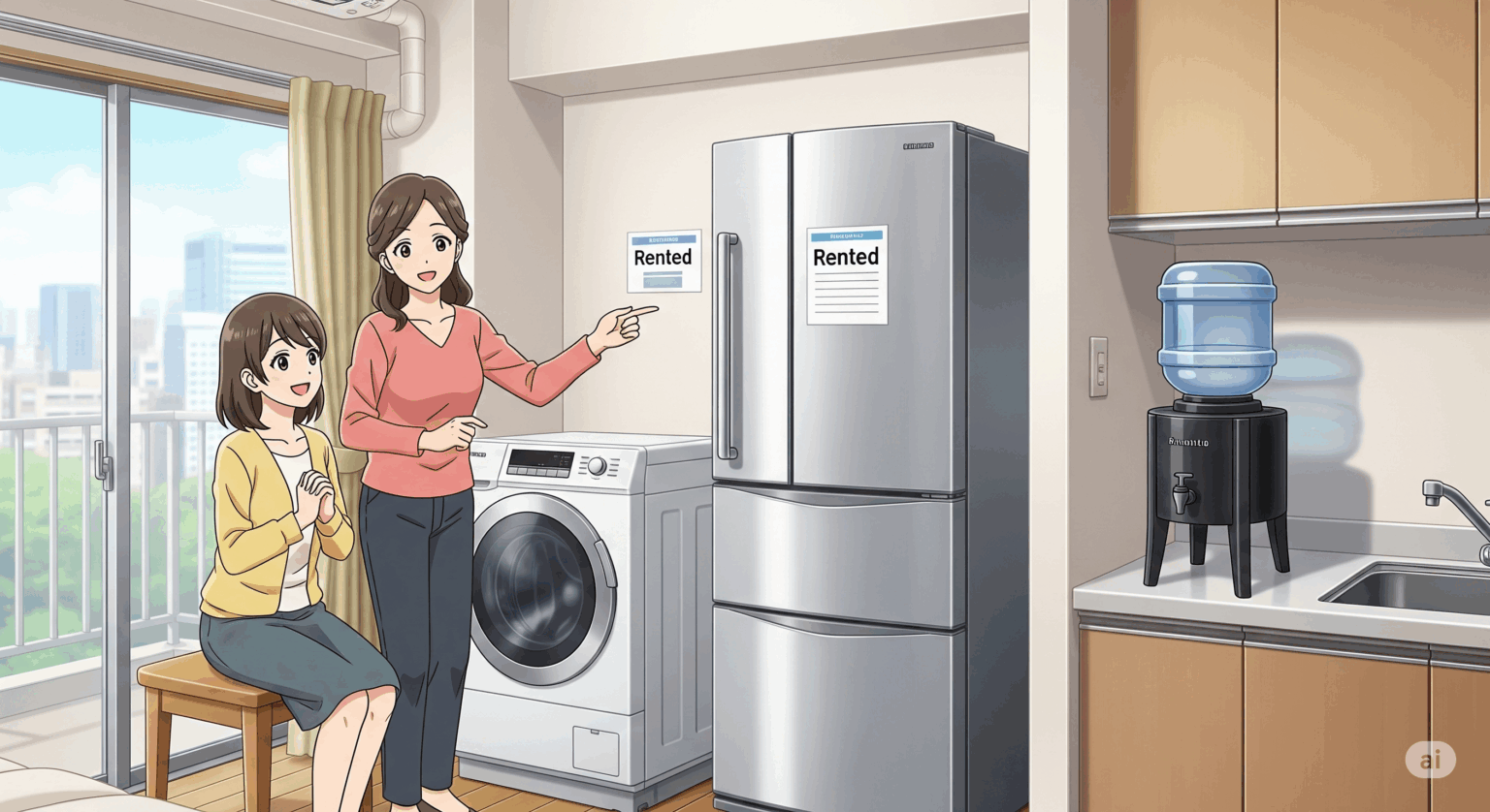 Cosmo SubscRentalの評判レビュー記事用アイキャッチ画像。アニメ調のイラストで、東京の新居で一人暮らしを始めた娘を訪れた母親が、レンタルされた冷蔵庫やウォーターサーバーを指差して安心している様子。大手ならではの信頼性を表現。