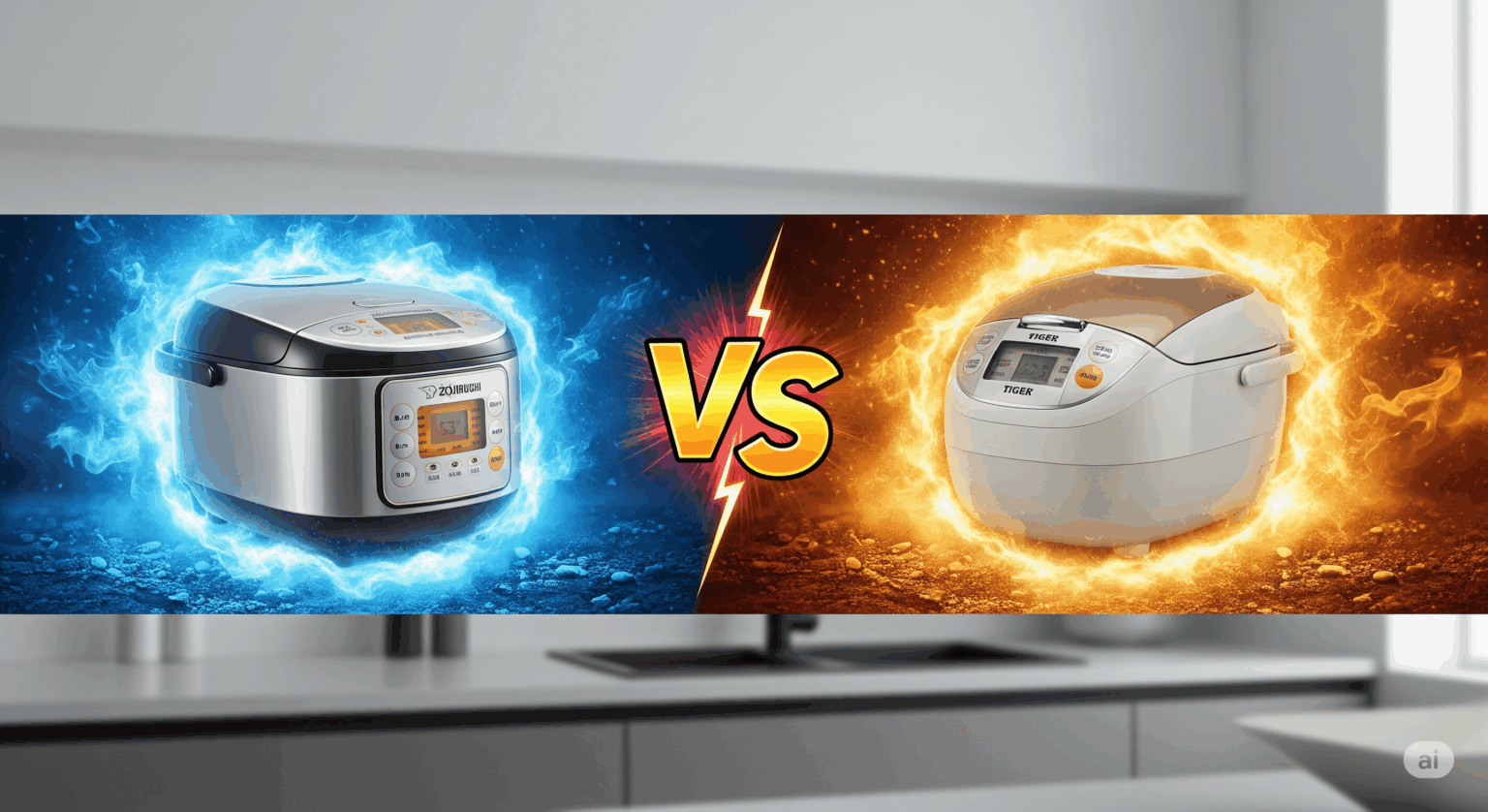 象印とタイガーの炊飯器が対決している横長の画像。左側の象印の炊飯器は青い炎のようなオーラを放ち、右側のタイガーの炊飯器は黄金の土のようなオーラを放っている。中央には大きな「VS」のロゴが配置されている。