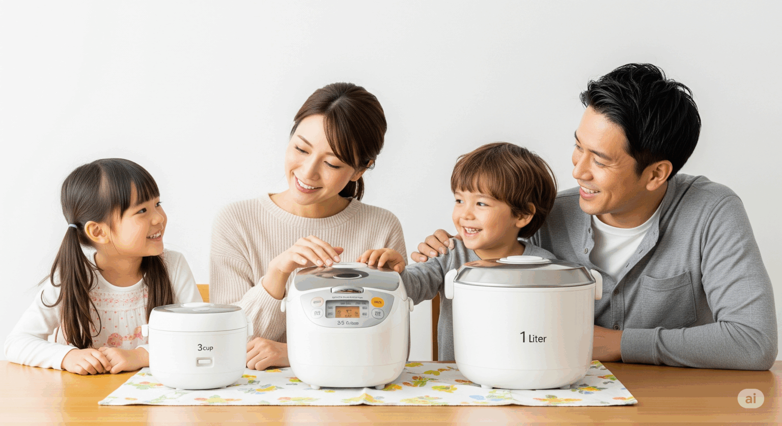 ダイニングテーブルを囲んで、若い夫婦と幼い女の子、男の子の4人家族が楽しそうに炊飯器を選んでいる横長の画像。テーブルの上には3合、5.5合、一升炊きの3つのサイズの炊飯器が並んでいる。