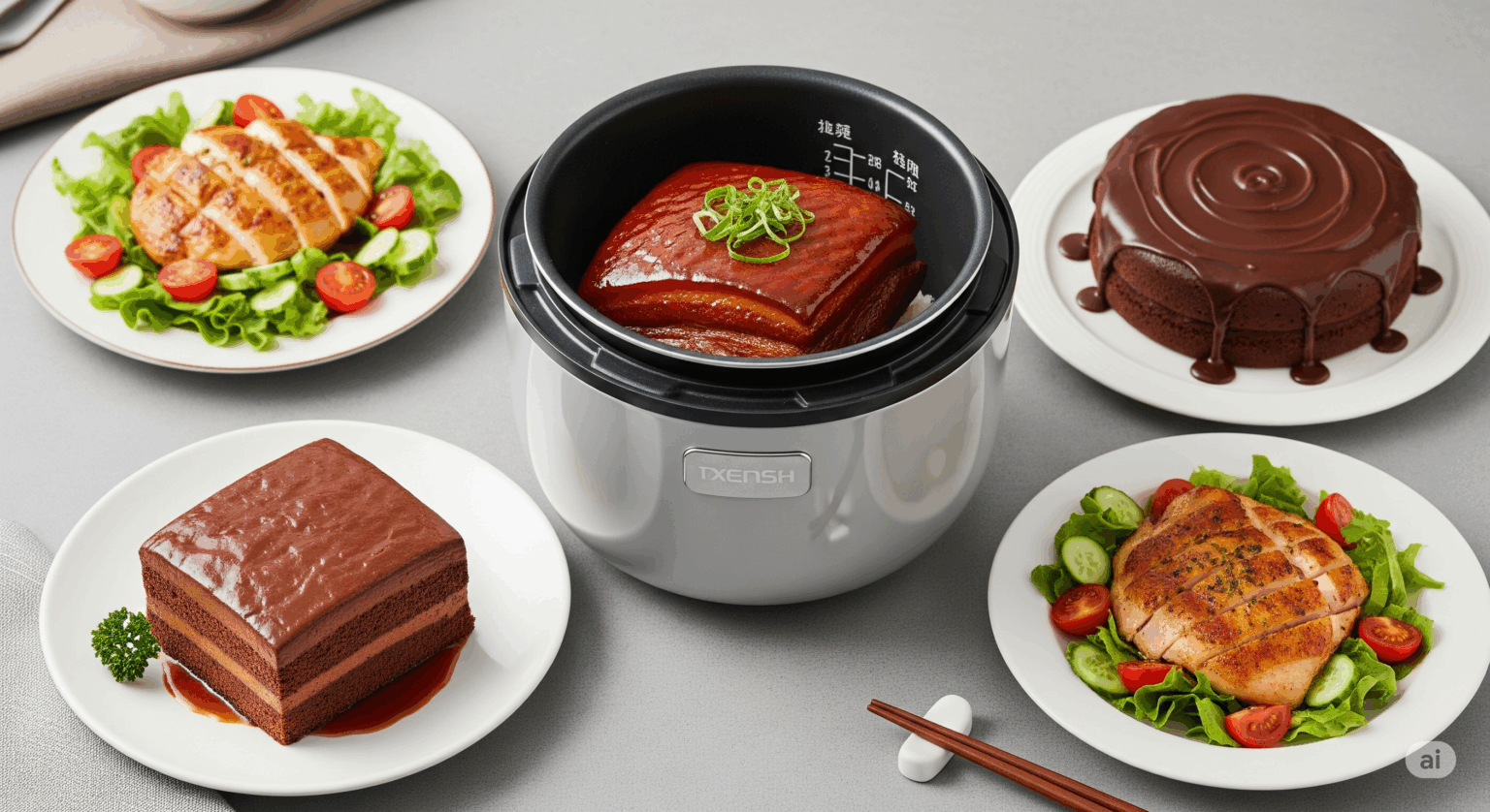 炊飯器調理の魅力を伝える記事のアイキャッチ画像。中央の炊飯器の内釜にはツヤツヤとした豚の角煮が、周りのお皿には濃厚そうなガトーショコラや、しっとりとしたサラダチキンが盛り付けられており、一台で多彩な料理が作れることを示している。