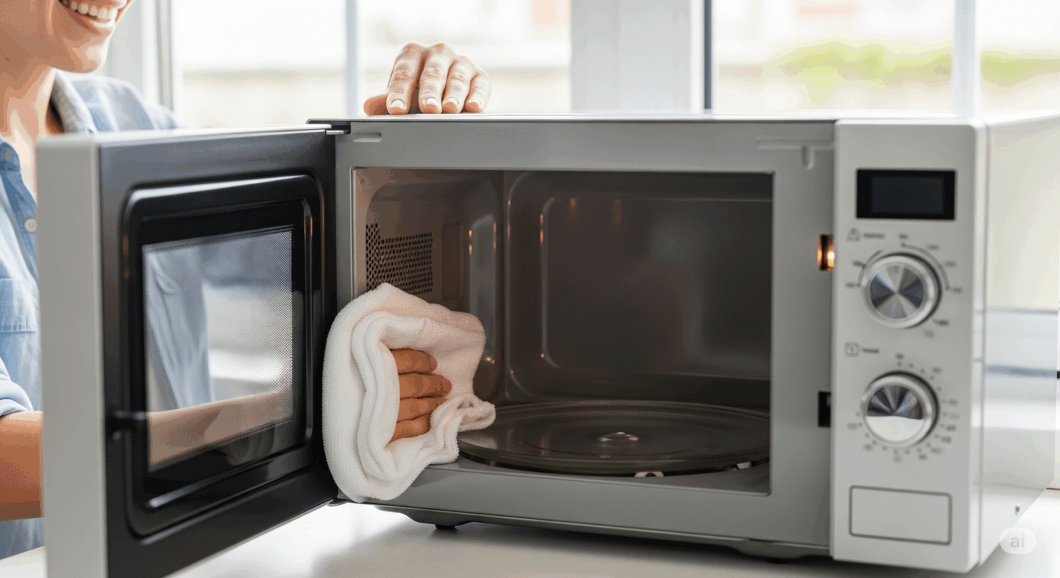 女性が笑顔で、ピカピカになった電子レンジの庫内を布巾で拭いている様子。重曹やクエン酸を使った簡単な掃除で、新品のような輝きが戻ることを示している。