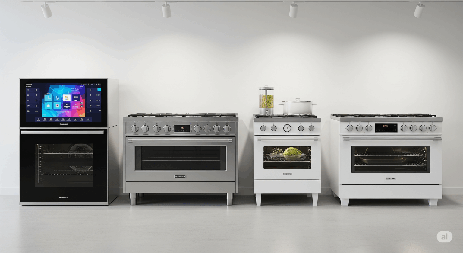 それぞれ特徴の異なる4台の最新オーブンレンジが横一列に並んでいる様子。オーブンレンジの4大メーカー比較をテーマにした記事のアイキャッチ画像。