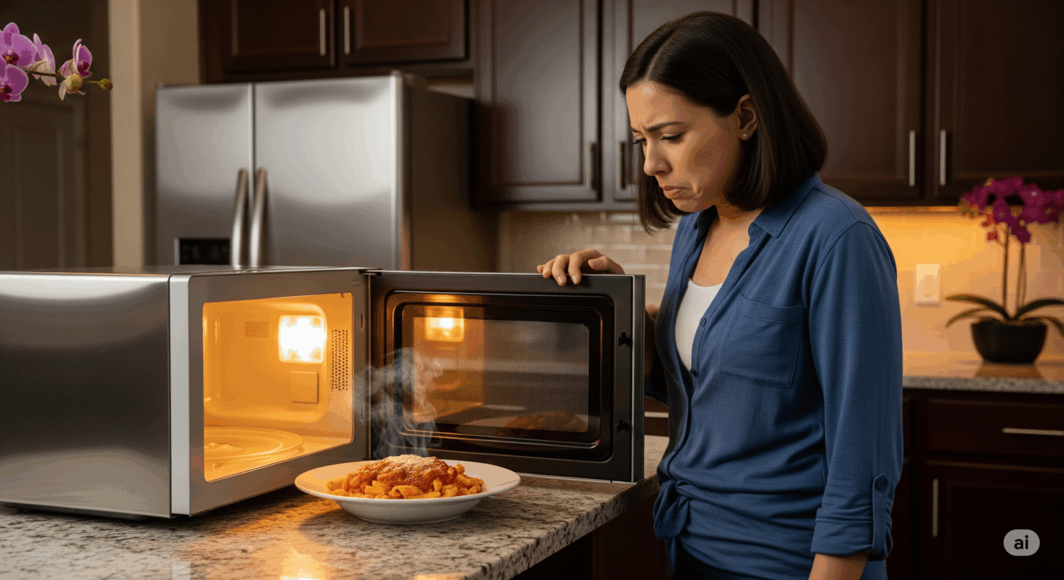 電子レンジで温めたのに全く温まっていないパスタを見て、がっかりした表情を浮かべる女性。「電子レンジが温まらない」という故障・トラブルの状況を表している。
