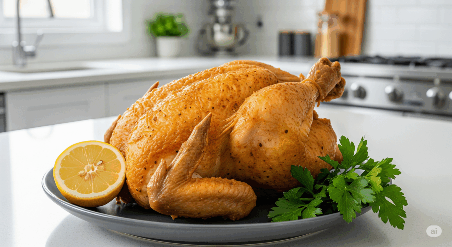 オーブンレンジで作った、揚げていないのにカリカリで美味しそうなフライドチキン。ヘルシーな揚げない揚げ物レシピのイメージ画像。