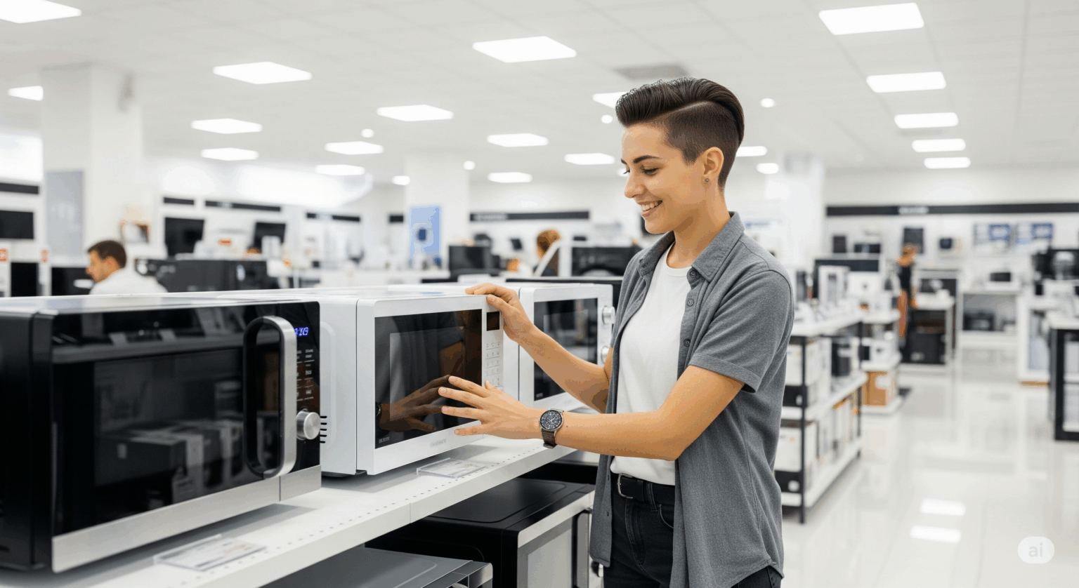 家電量販店の明るい店内で、若い女性が笑顔でオーブンレンジを比較検討している。一人暮らしの家電選びの楽しさと期待感が伝わる一枚。