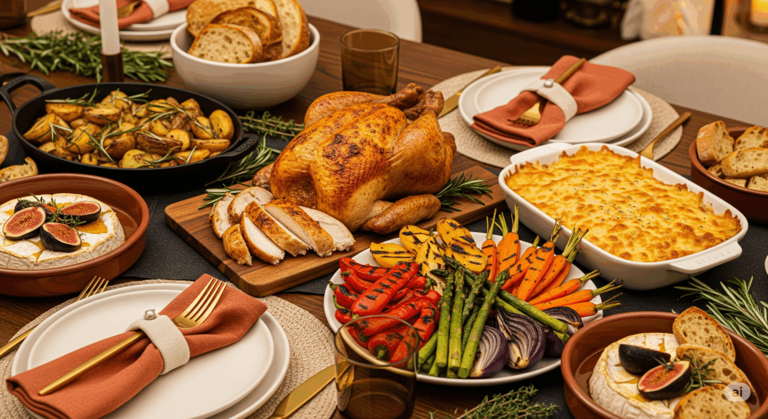 オーブンレンジで作ったローストチキンやグラタン、彩り豊かなグリル野菜が食卓に並んでいる様子。簡単・時短レシピで作れるごちそうのイメージ写真。