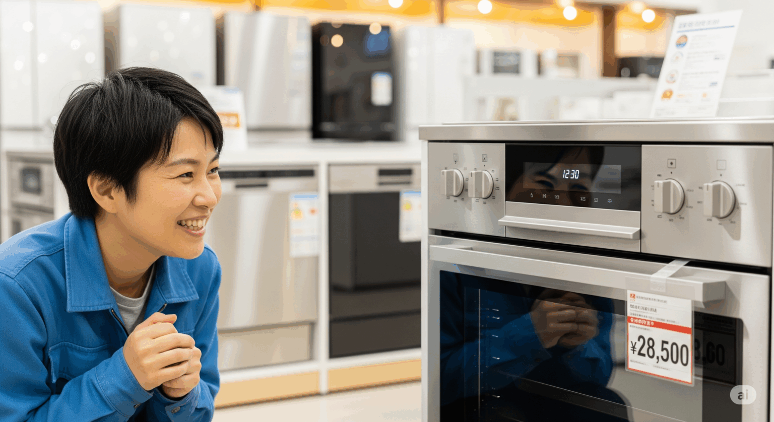 家電量販店で、3万円以下の値札が付いたオーブンレンジを嬉しそうに眺める女性。予算内で満足のいく製品を見つけた喜びを表現している。
