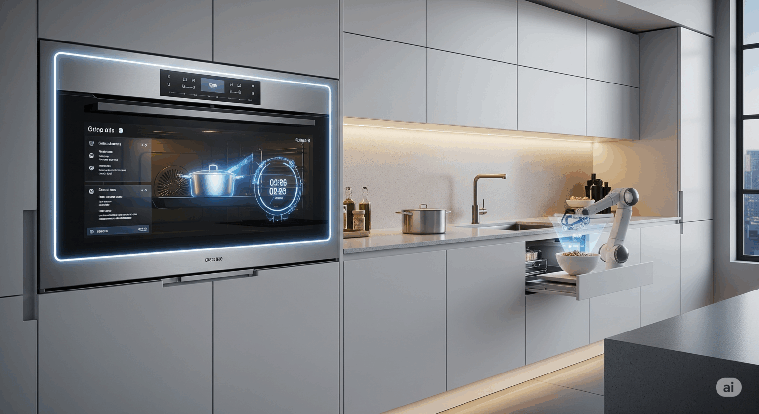 AIとスマホ連携機能を搭載した、2025年の最新スマートオーブンレンジ。タッチパネルに調理データが表示され、未来のキッチンと食生活の進化を象徴している。
