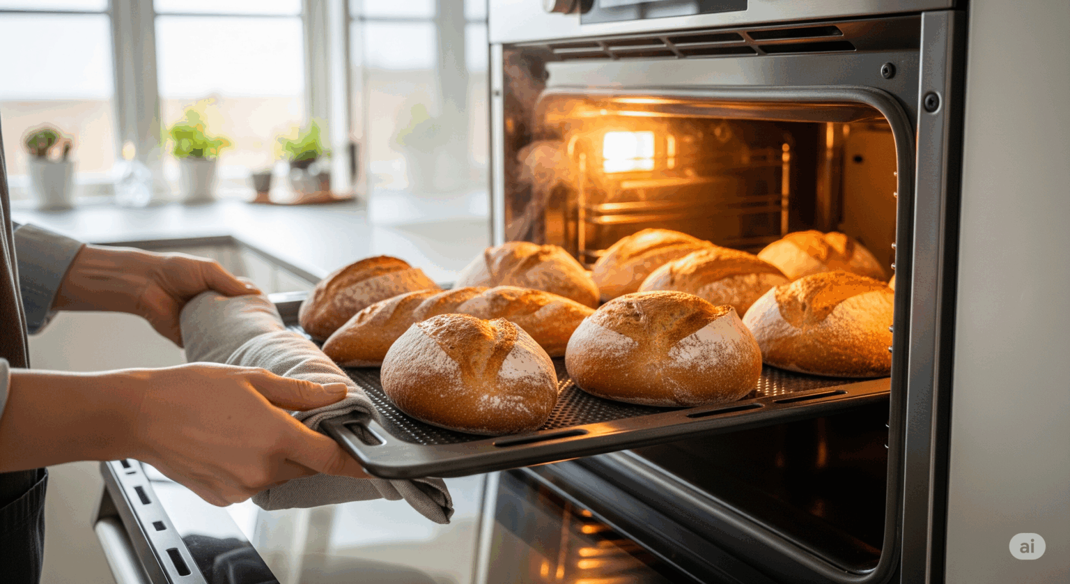 高性能なオーブンレンジを使い、焼きたてのパンをオーブンに入れる様子。暖かな光と立ち上る湯気が、調理の楽しさとパンの美味しさを表現している。