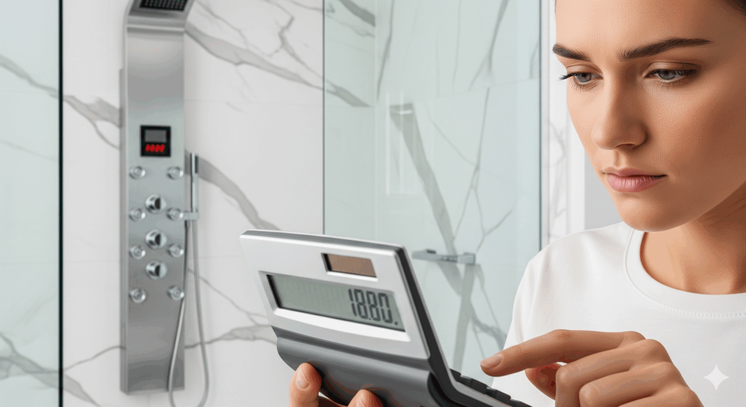 高級なシャワーパネルを背景に、女性が電卓を真剣な表情で見ており、製品の価格やコストパフォーマンスを慎重に検討している様子を表すアイキャッチ画像。